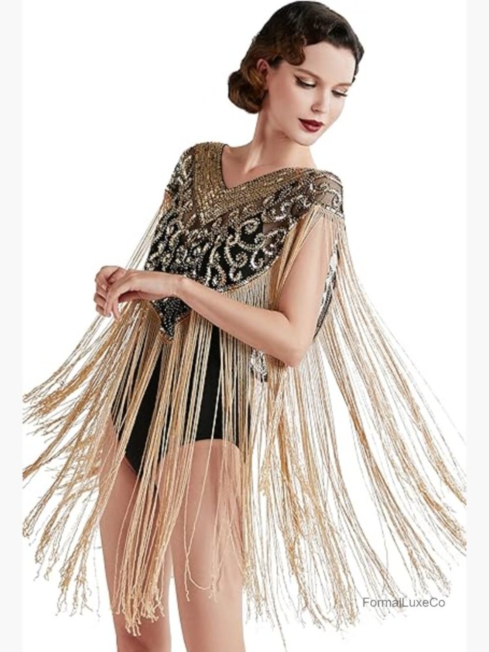 1920s Shawl Wrap Long Fringed Evening Cape Sequin Beaded Party Shawl